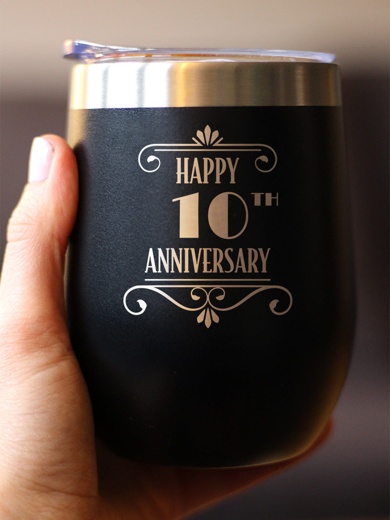 Happy 10th Anniversary Gifts Insulated Wine Tumbler with Sliding Lid 10 Year Anniversary Art Deco Party Decor 12oz Stainless Steel Tumbler