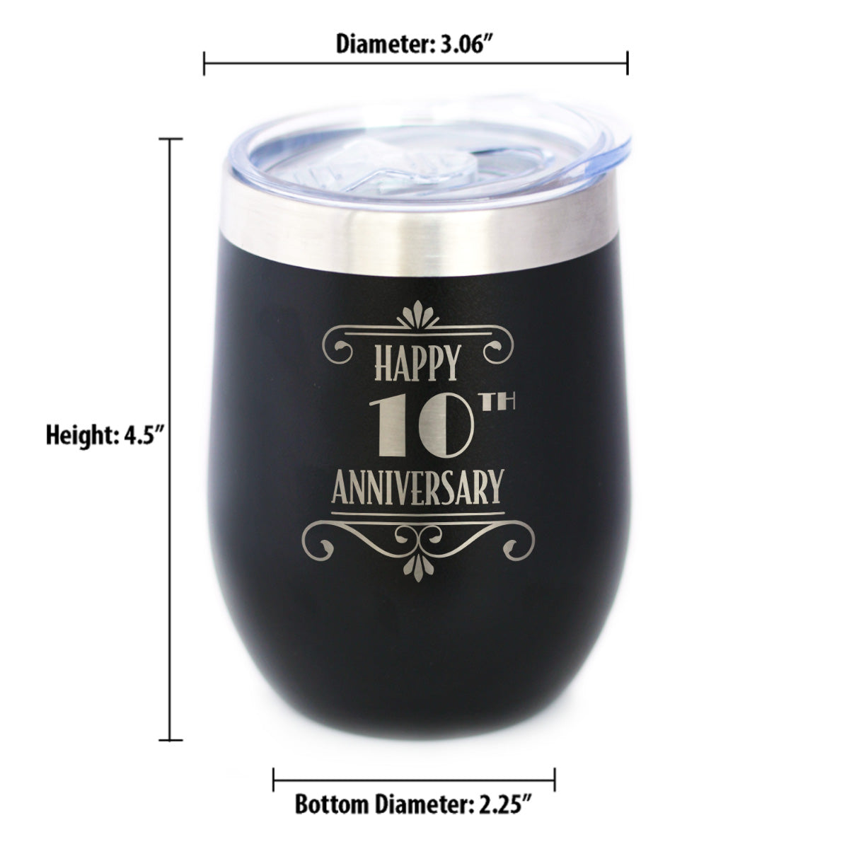 Happy 10th Anniversary Gifts Insulated Wine Tumbler with Sliding Lid 10 Year Anniversary Art Deco Party Decor 12oz Stainless Steel Tumbler