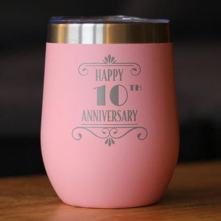 Happy 10th Anniversary Gifts Insulated Wine Tumbler with Sliding Lid 10 Year Anniversary Art Deco Party Decor 12oz Stainless Steel Tumbler