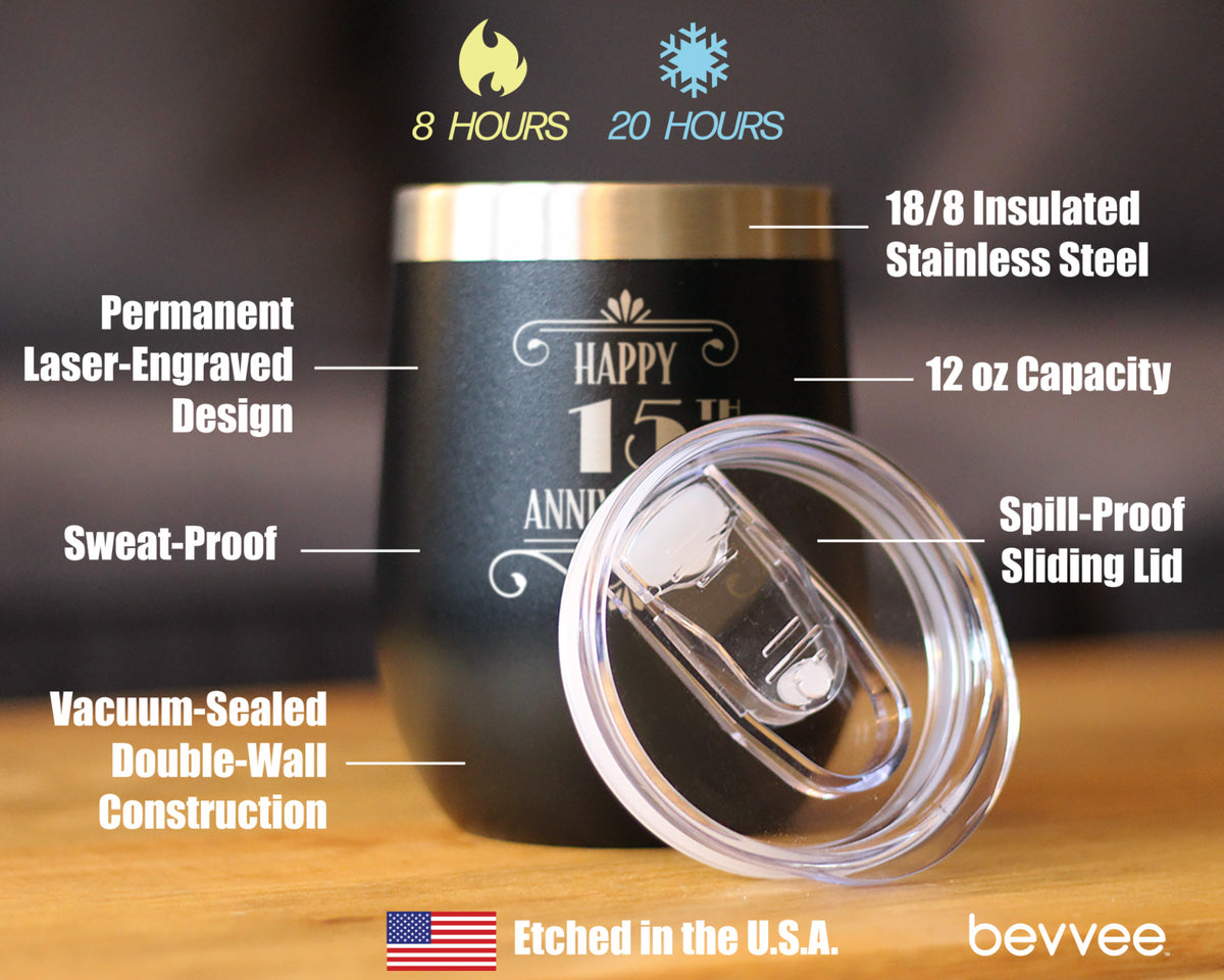 Happy 15th Anniversary Gifts Insulated Wine Tumbler with Sliding Lid 15 Year Anniversary Art Deco Party Decor 12oz Stainless Steel Tumbler