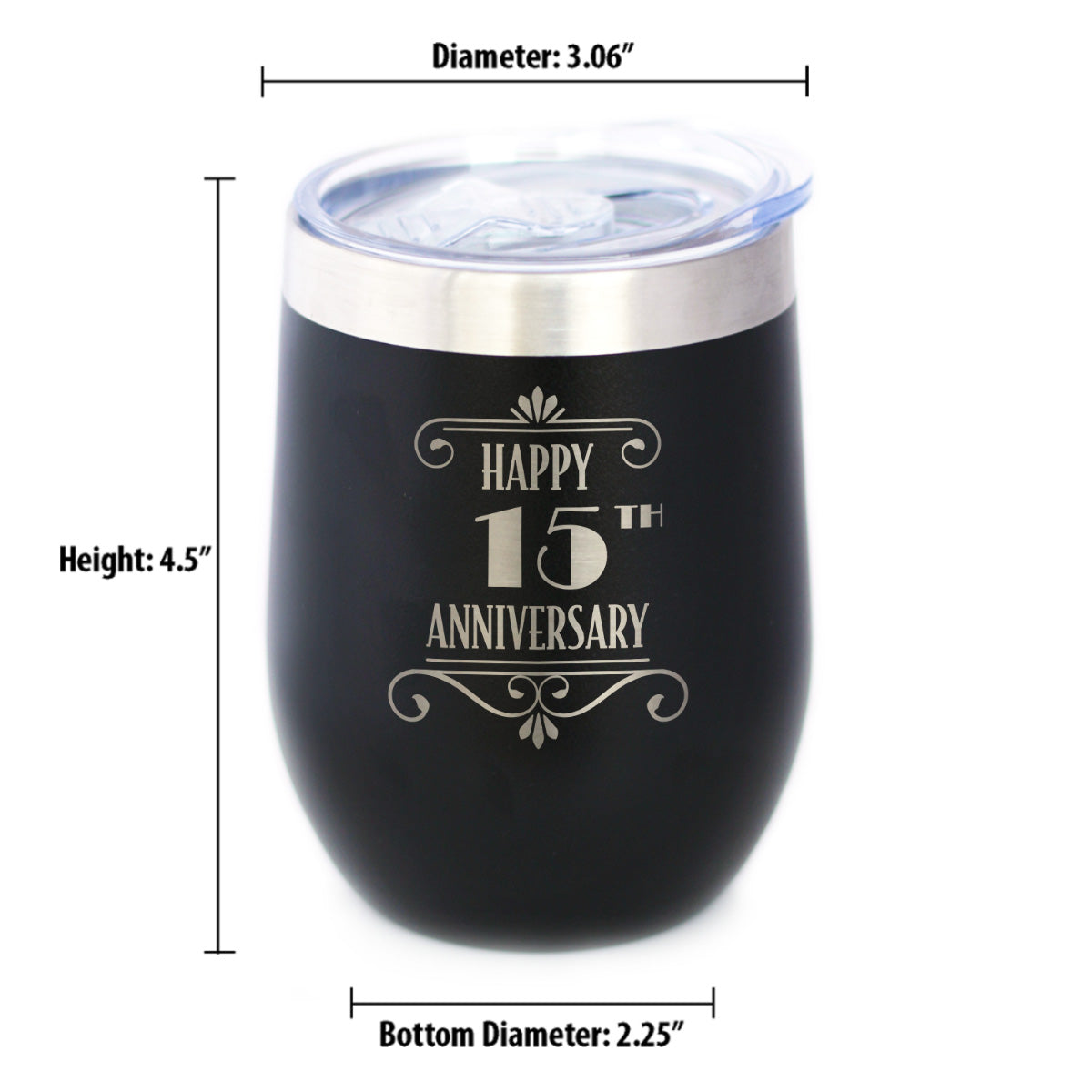 Happy 15th Anniversary Gifts Insulated Wine Tumbler with Sliding Lid 15 Year Anniversary Art Deco Party Decor 12oz Stainless Steel Tumbler