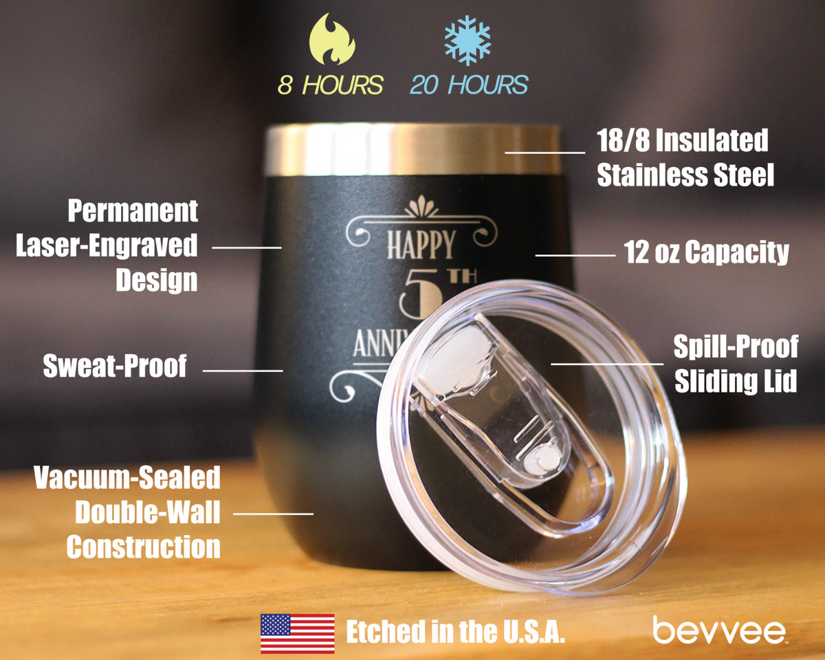 Happy 5th Anniversary Gifts Insulated Wine Tumbler with Sliding Lid 5 Year Anniversary Art Deco Party Decor 12oz Stainless Steel Tumbler