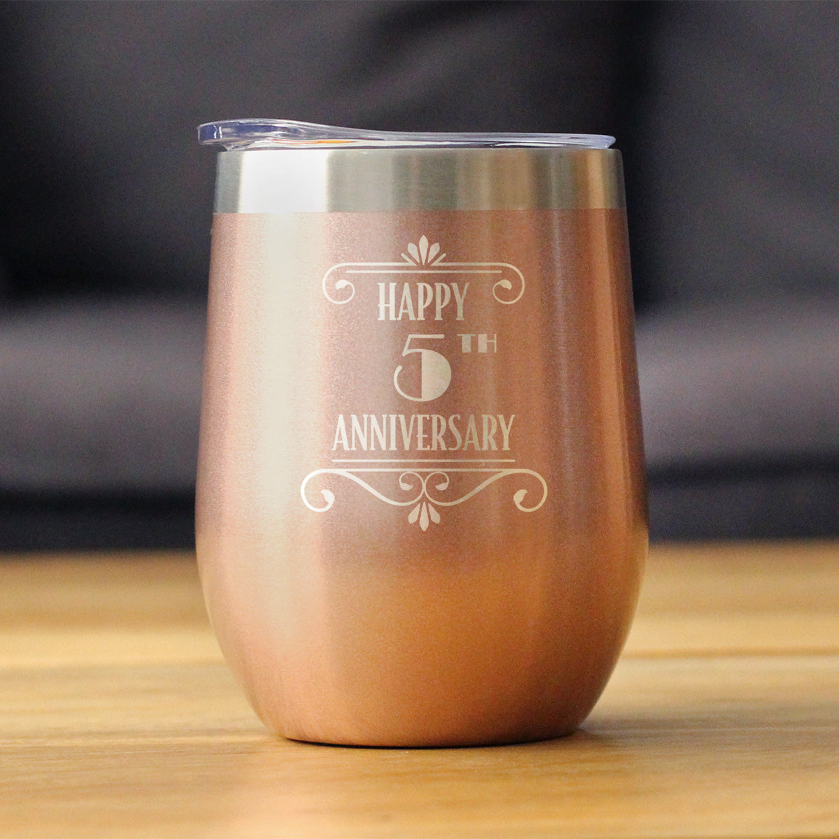 Happy 5th Anniversary Gifts Insulated Wine Tumbler with Sliding Lid 5 Year Anniversary Art Deco Party Decor 12oz Stainless Steel Tumbler