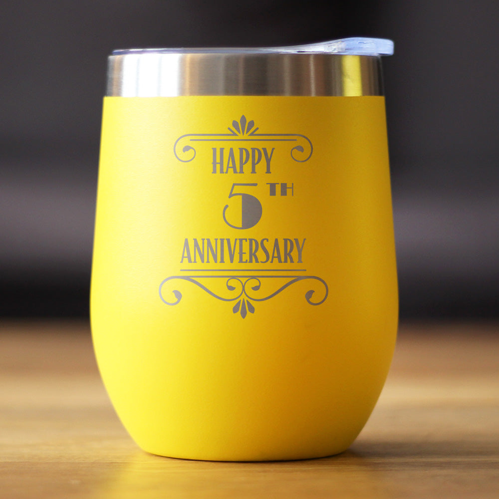 Happy 5th Anniversary Gifts Insulated Wine Tumbler with Sliding Lid 5 Year Anniversary Art Deco Party Decor 12oz Stainless Steel Tumbler