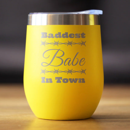 Baddest Babe in Town Insulated Wine Tumbler with Sliding Lid Gifts for Women with Attitude 12oz Stainless Steel Tumbler