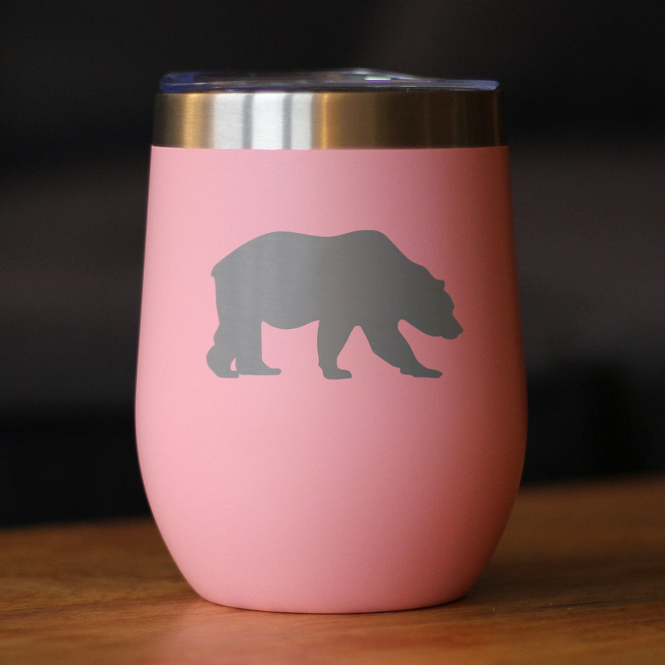 Bear Silhouette - Wine Tumbler Glass with Sliding Lid - Stainless Steel Insulated Mug - Bear Gifts for Women and Men