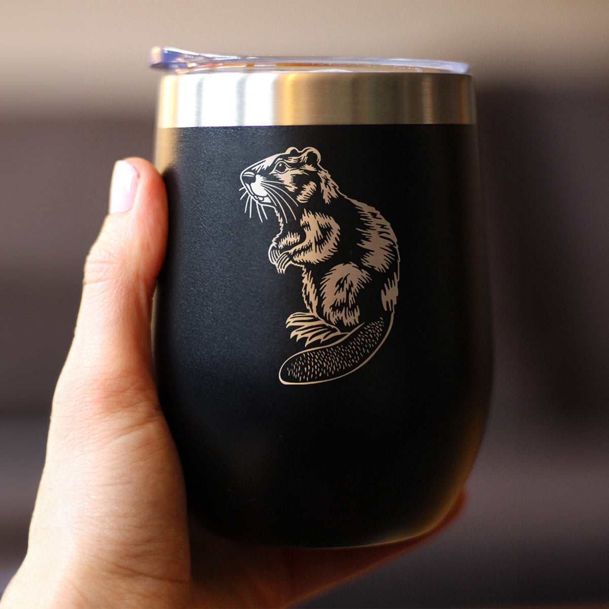 Beaver - Insulated Wine Tumbler with Sliding Lid - Beaver Gifts and Rustic Cabin Home Decor - 12oz Stainless Steel Tumbler
