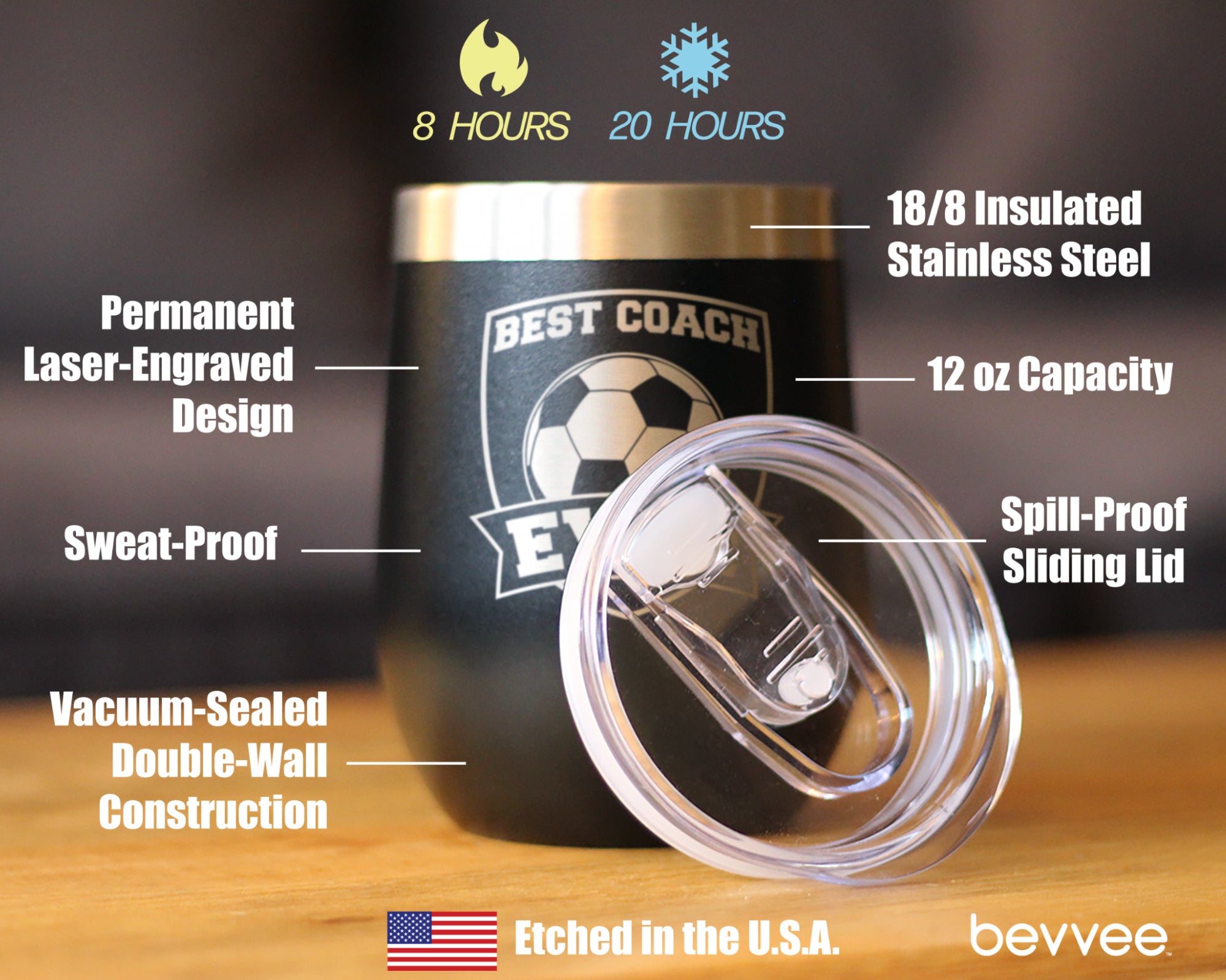 Soccer Gifts for Coaches Insulated Wine Tumbler with Sliding Lid - Best Coach Ever - 12oz Stainless Steel Tumbler