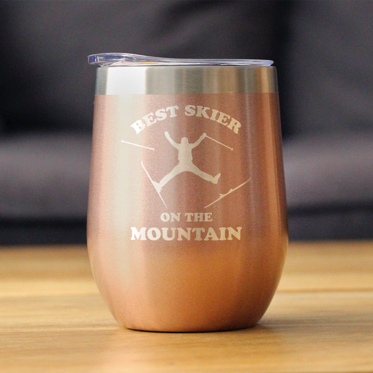 Best Skier On The Mountain - Wine Tumbler Glass with Sliding Lid - Stainless Steel Travel Mug - Fun Skiing Gifts and Decor for Skiers