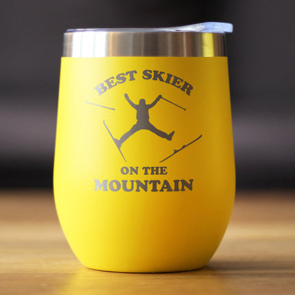 Best Skier On The Mountain - Wine Tumbler Glass with Sliding Lid - Stainless Steel Travel Mug - Fun Skiing Gifts and Decor for Skiers