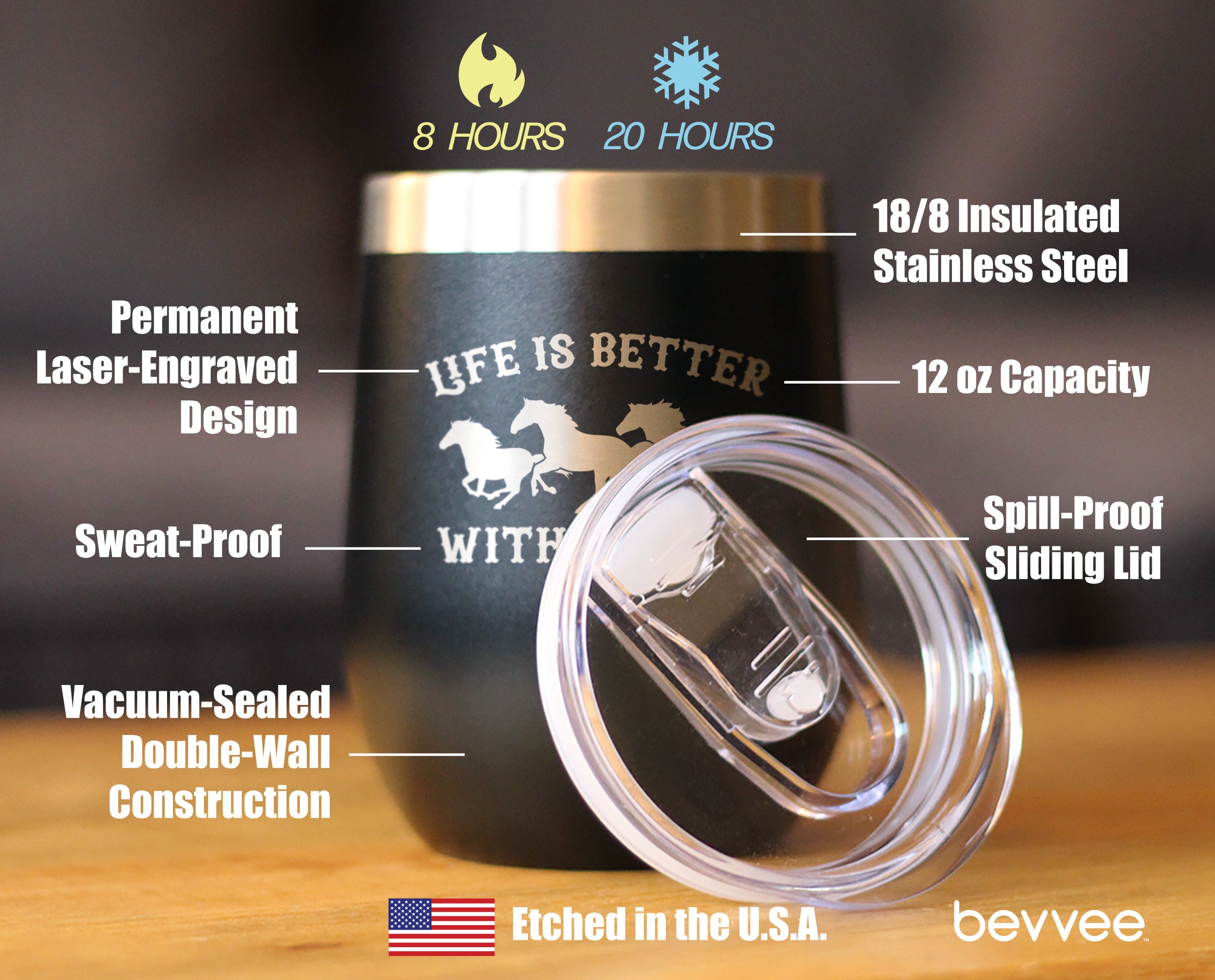 Life is Better With Horses - Wine Tumbler Glass with Sliding Lid - Stainless Steel Travel Mug - Horse Gifts for Women and Men