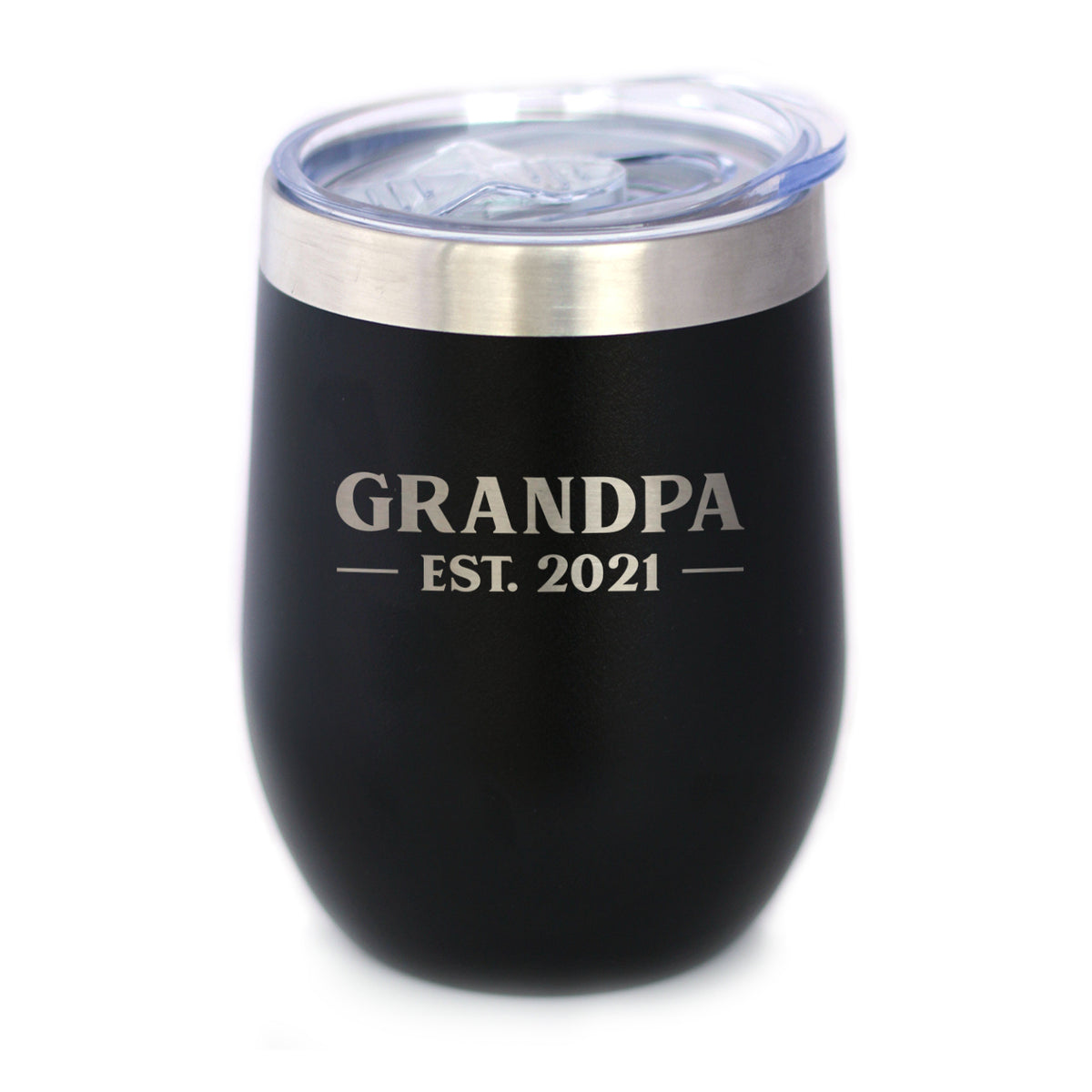 Grandpa Est 2021 - Wine Tumbler with Sliding Lid - Stemless Stainless Steel Insulated Mug - Bold Outdoor Camping Gift