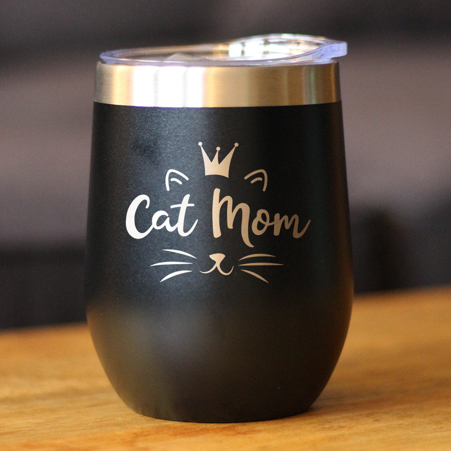 Cat Mom - Wine Tumbler Cup with Sliding Lid - Stainless Steel Insulated Mug - Cute Gifts for Cat Lady