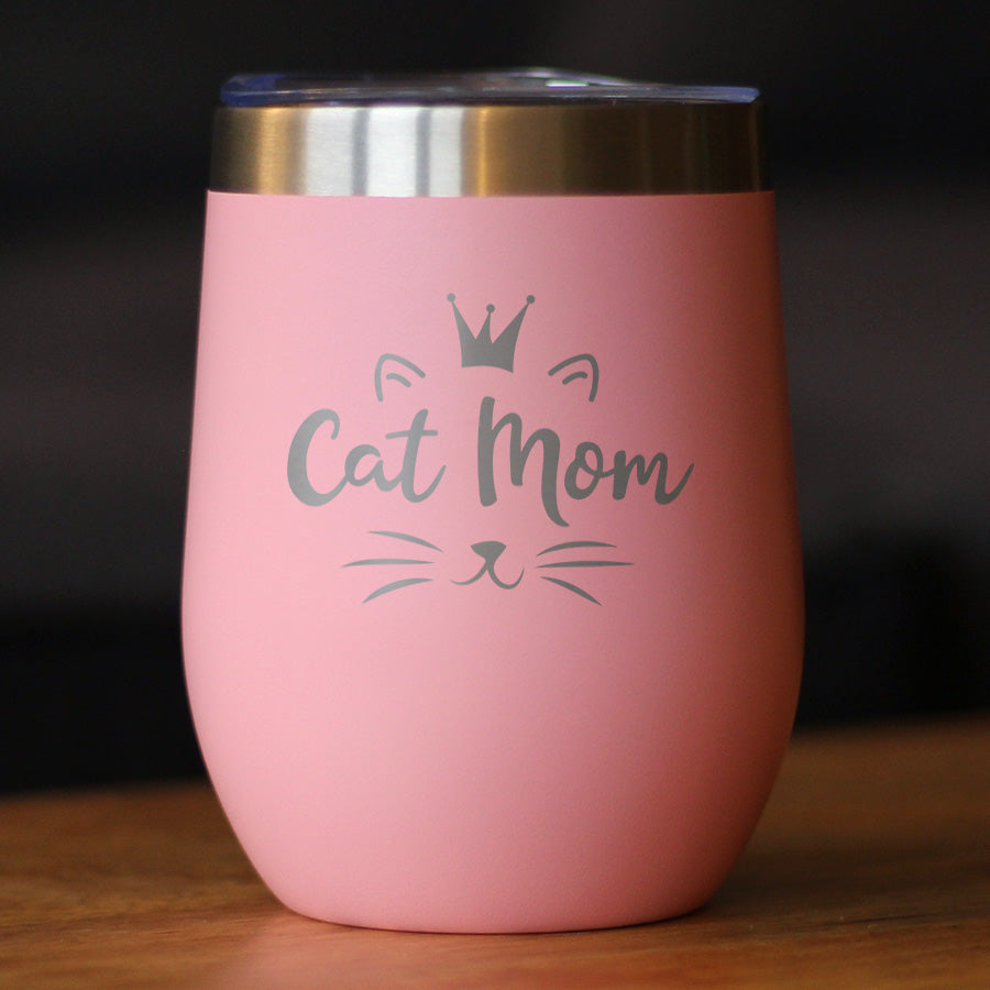 Cat Mom - Wine Tumbler Cup with Sliding Lid - Stainless Steel Insulated Mug - Cute Gifts for Cat Lady