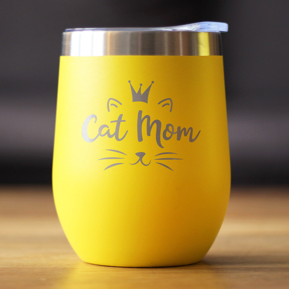 Cat Mom - Wine Tumbler Cup with Sliding Lid - Stainless Steel Insulated Mug - Cute Gifts for Cat Lady