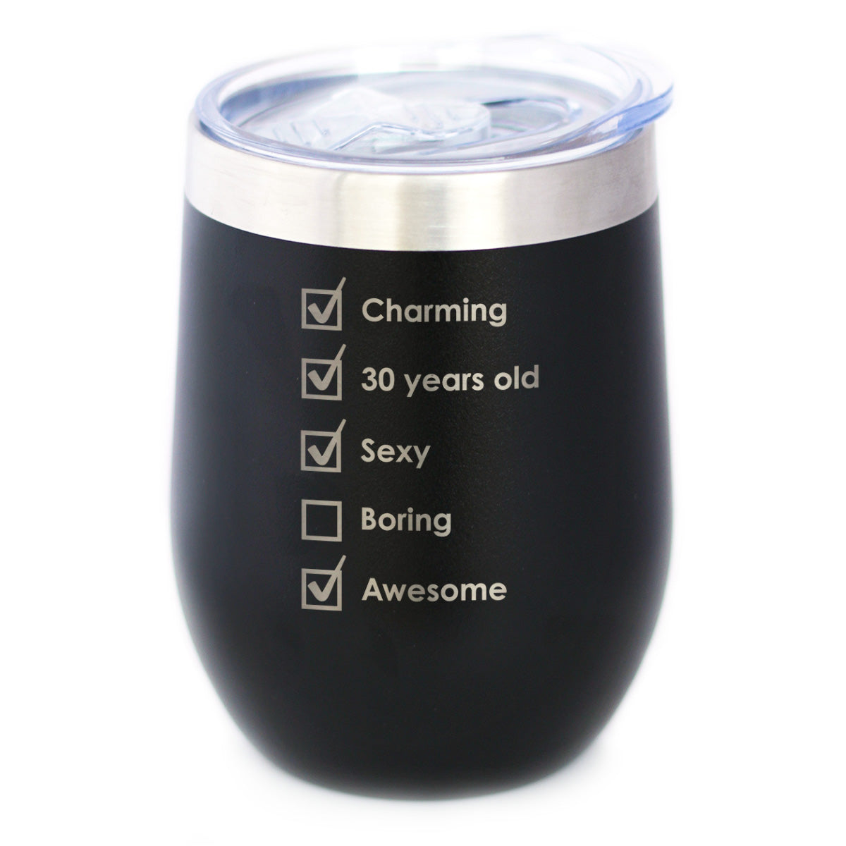 30th Birthday Checklist - Wine Tumbler Cup with Sliding Lid - Stainless Steel Insulated Mug - Funny Gifts for Women and Men Turning 30