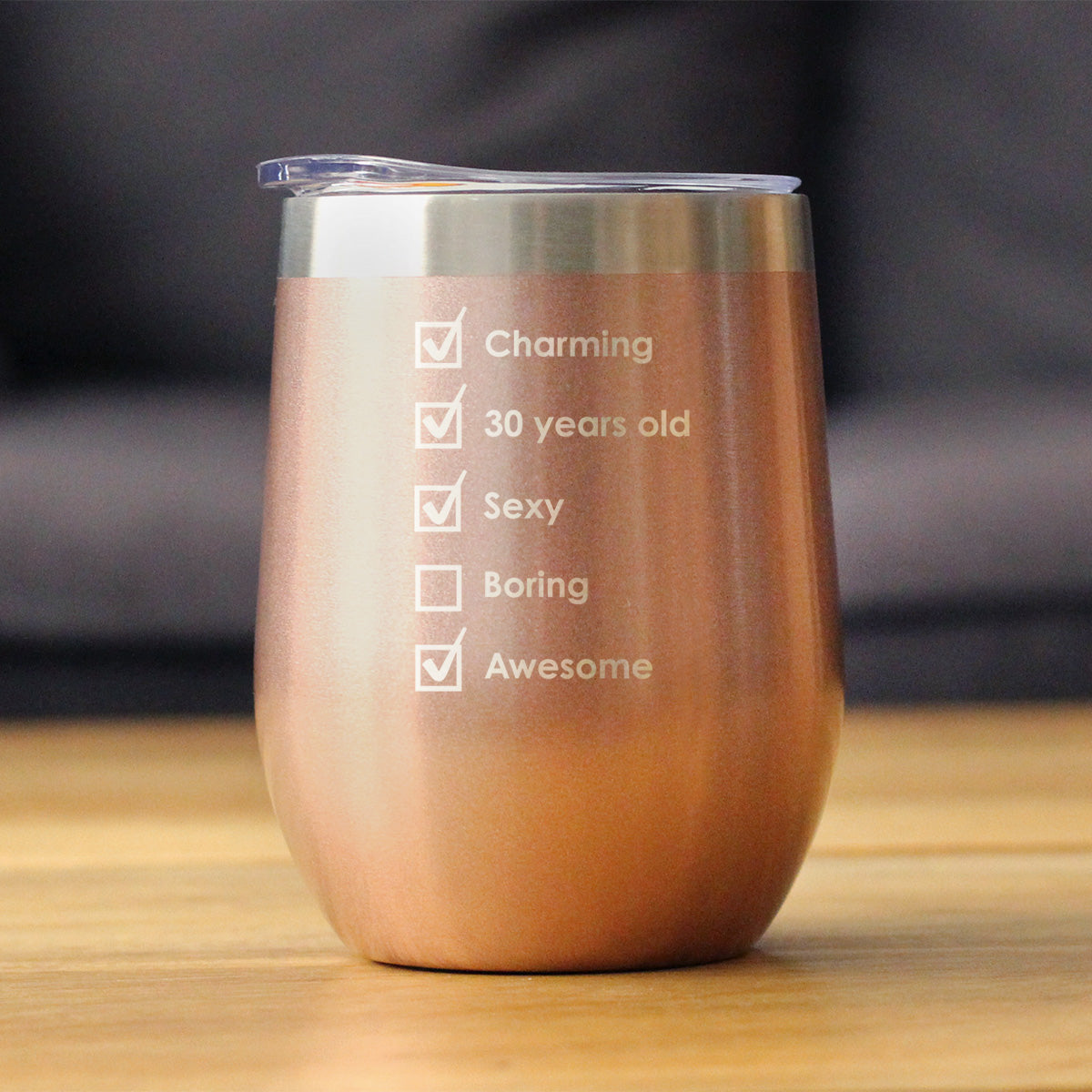 30th Birthday Checklist - Wine Tumbler Cup with Sliding Lid - Stainless Steel Insulated Mug - Funny Gifts for Women and Men Turning 30