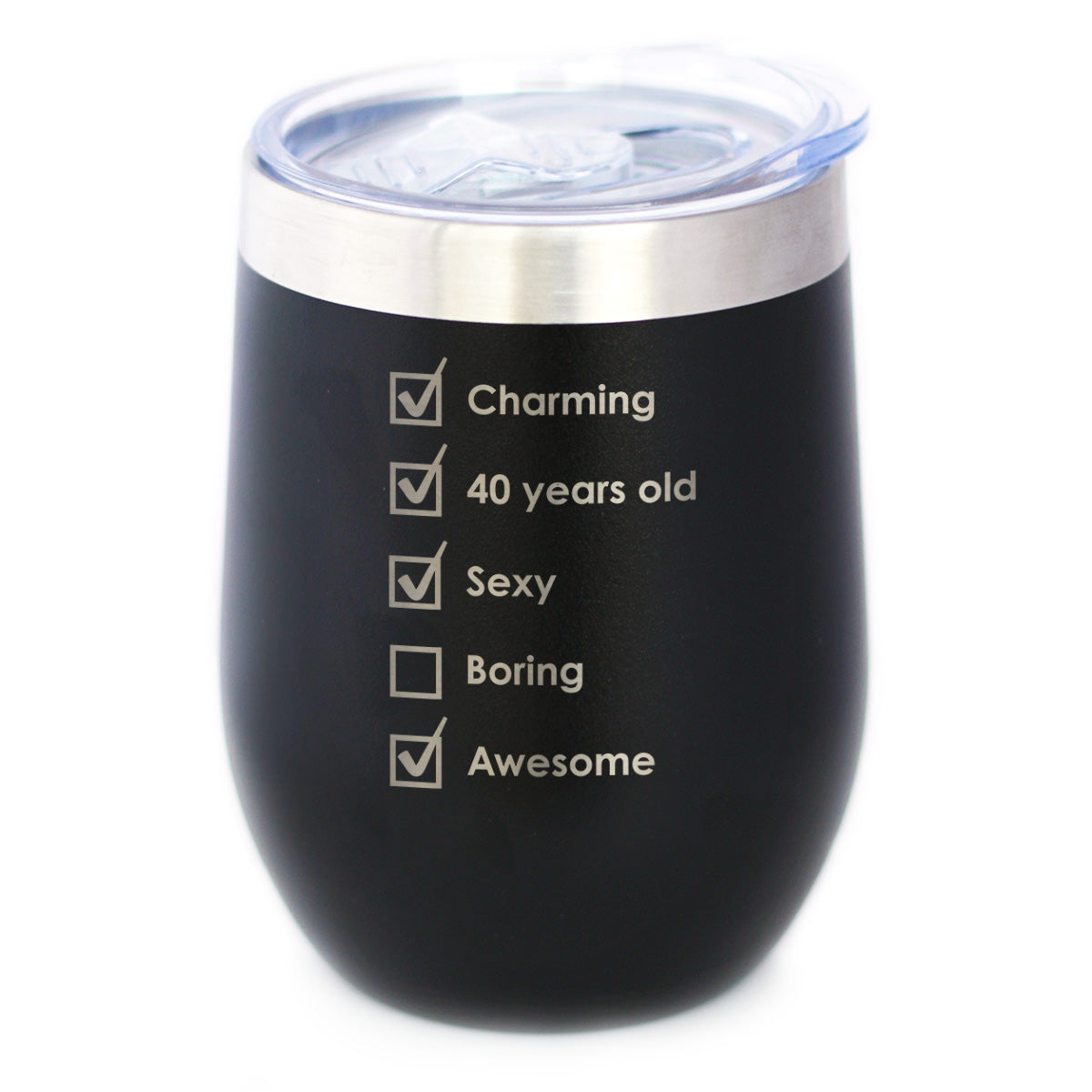 40th Birthday Checklist - Wine Tumbler Cup with Sliding Lid - Stainless Steel Insulated Mug - Funny Gifts for Women and Men Turning 40