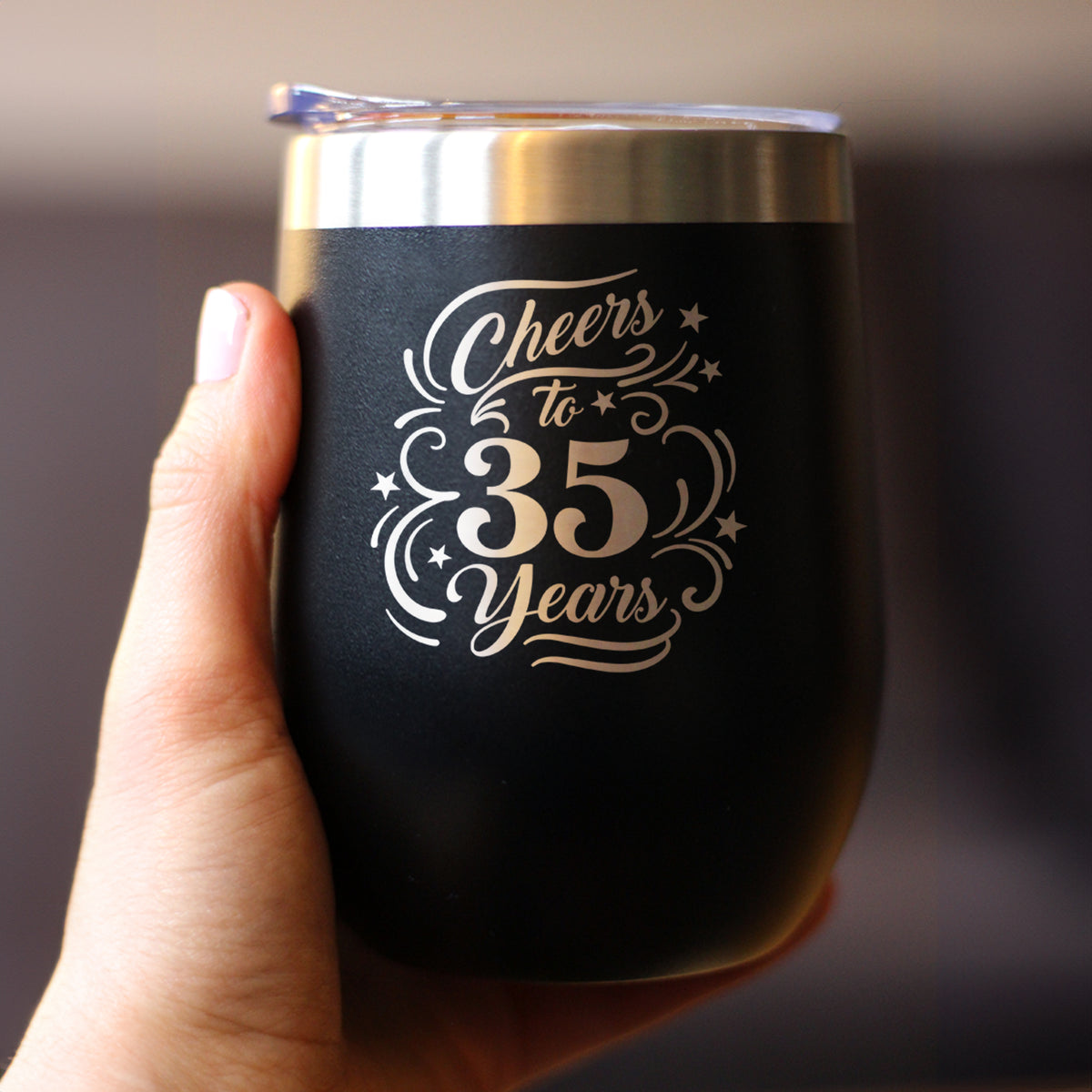 Cheers to 35 Years - Insulated Wine Tumbler with Sliding Lid - 35th Anniversary or Birthday Party Decor - 12oz Stainless Steel Tumbler