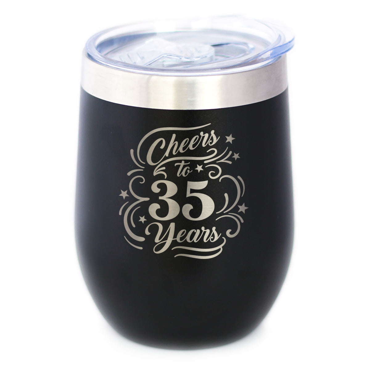 Cheers to 35 Years - Insulated Wine Tumbler with Sliding Lid - 35th Anniversary or Birthday Party Decor - 12oz Stainless Steel Tumbler