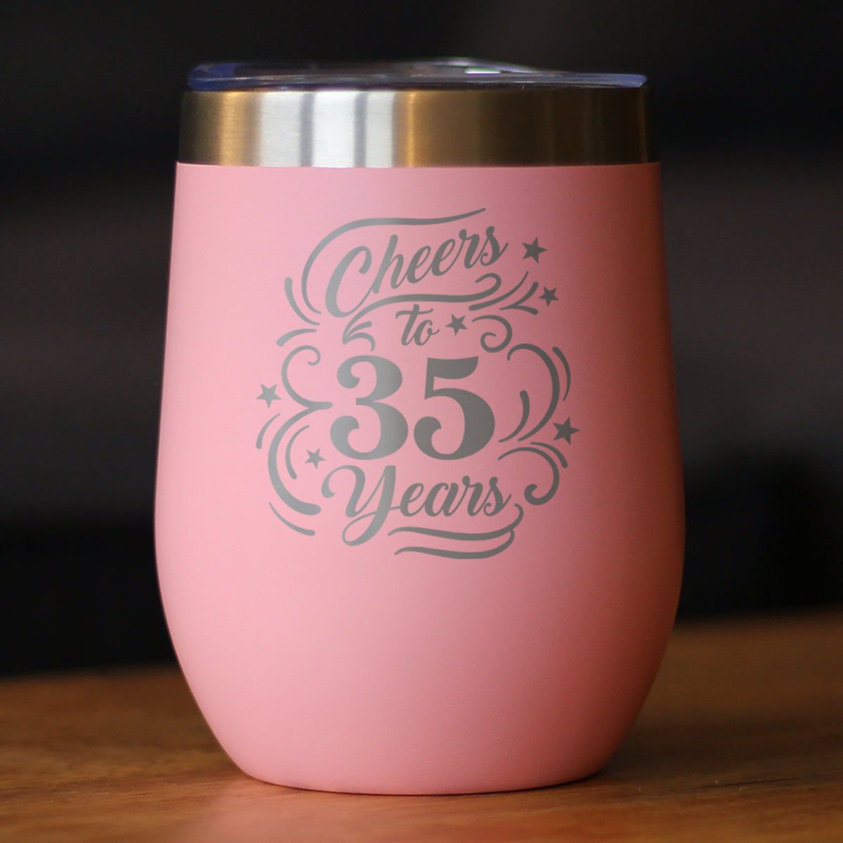 Cheers to 35 Years - Insulated Wine Tumbler with Sliding Lid - 35th Anniversary or Birthday Party Decor - 12oz Stainless Steel Tumbler
