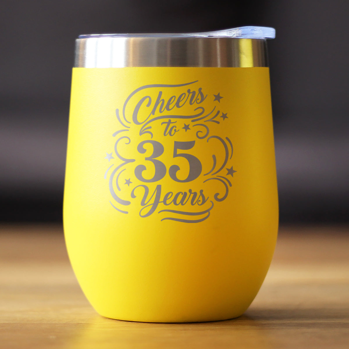 Cheers to 35 Years - Insulated Wine Tumbler with Sliding Lid - 35th Anniversary or Birthday Party Decor - 12oz Stainless Steel Tumbler