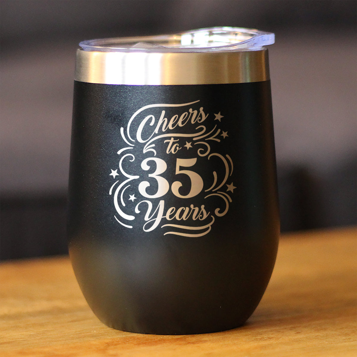 Cheers to 35 Years - Insulated Wine Tumbler with Sliding Lid - 35th Anniversary or Birthday Party Decor - 12oz Stainless Steel Tumbler