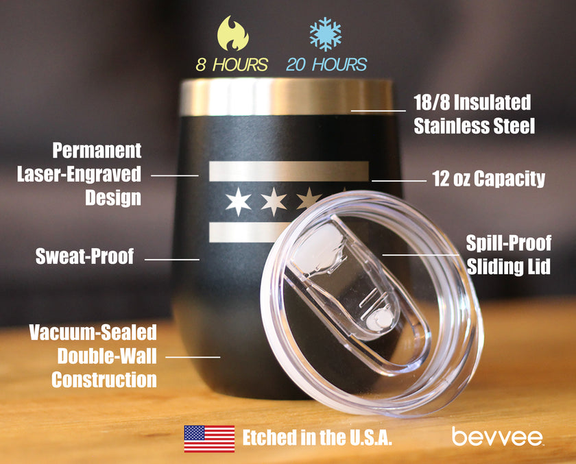 Chicago Flag - Wine Tumbler Glass with Sliding Lid - Stainless Steel Insulated Mug - Cute Windy City Themed Gift for Men and Women