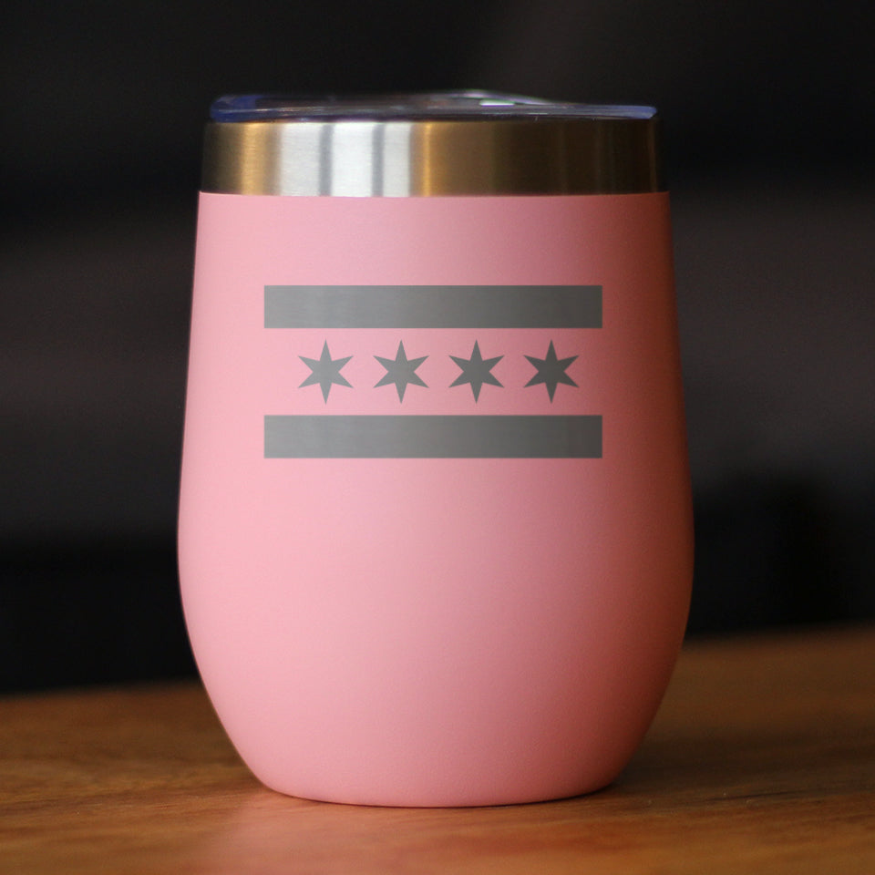 Chicago Flag - Wine Tumbler Glass with Sliding Lid - Stainless Steel Insulated Mug - Cute Windy City Themed Gift for Men and Women