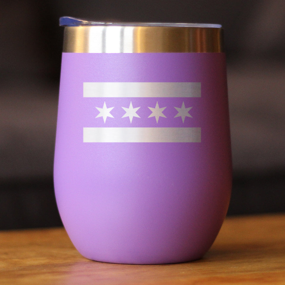 Chicago Flag - Wine Tumbler Glass with Sliding Lid - Stainless Steel Insulated Mug - Cute Windy City Themed Gift for Men and Women