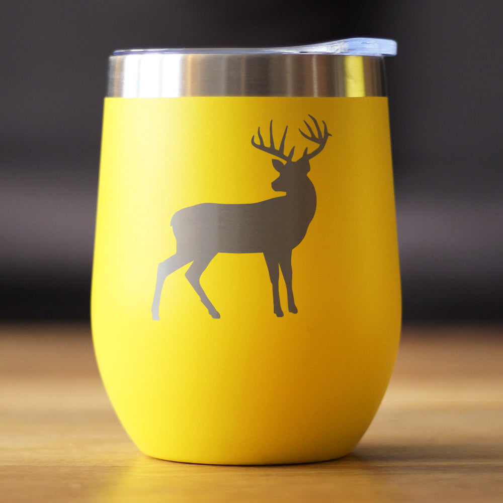 Deer Silhouette - Wine Tumbler Glass with Sliding Lid - Stainless Steel Travel Mug - Rustic Outdoors Gifts and Decor for Women and Men