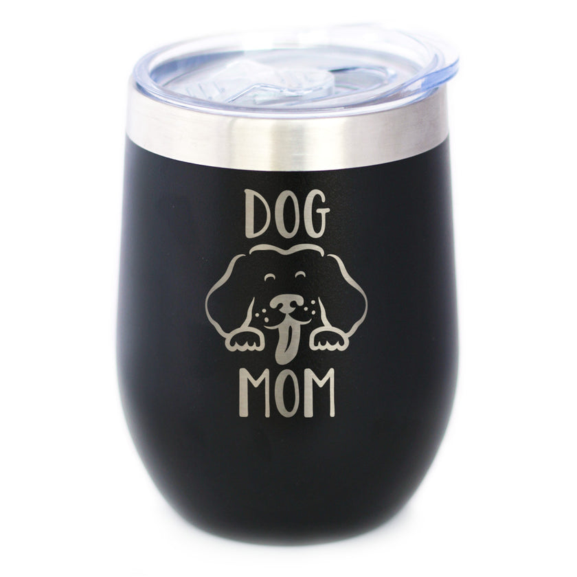 Dog Mom - Wine Tumbler Cup with Sliding Lid - Stainless Steel Insulated Mug - Cute Dog Lover Gifts for Women
