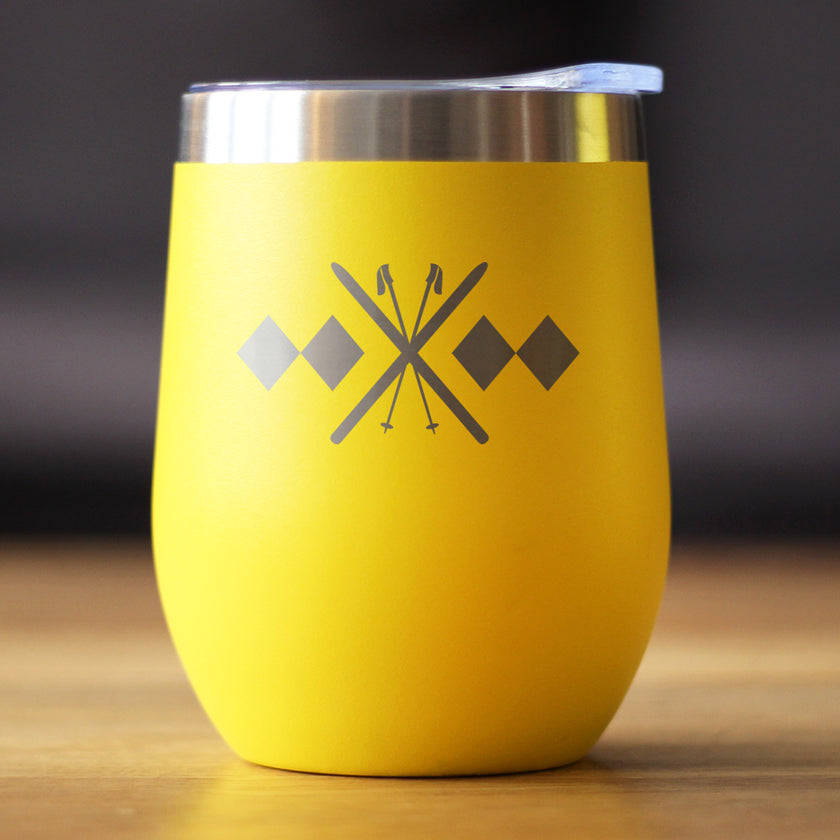 Double Black Diamond - Wine Tumbler Glass with Sliding Lid - Stainless Steel Travel Mug - Fun Skiing Gifts and Decor for Skiers