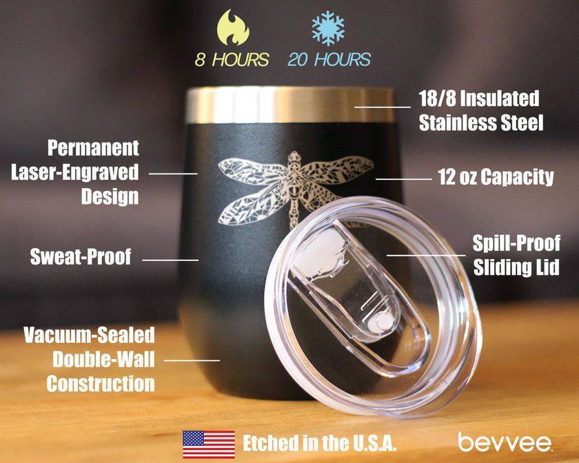 Dragonfly - Wine Tumbler Cup with Sliding Lid - Stainless Steel Insulated Mug - Unique Gifts for Women and Men Who Love Dragonflies