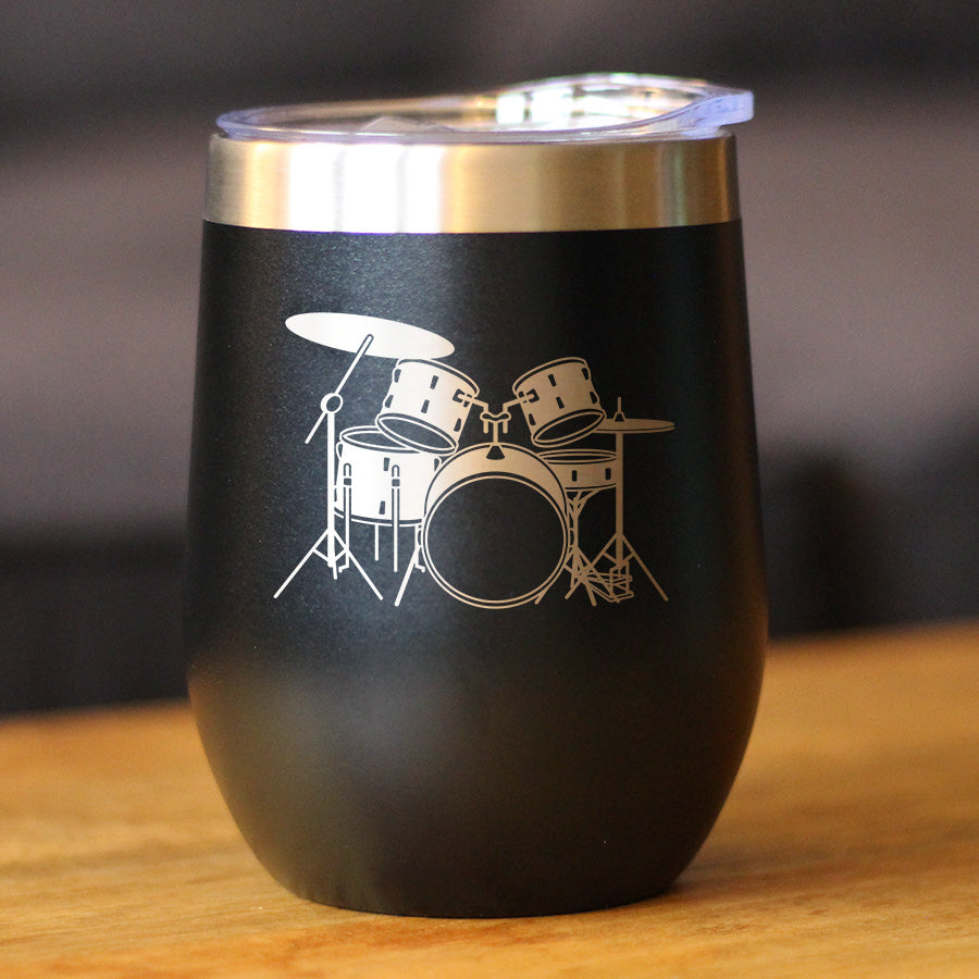 Drums - Wine Tumbler Cup with Sliding Lid - Stainless Steel Insulated Mug - Drumming Gifts for Drummers