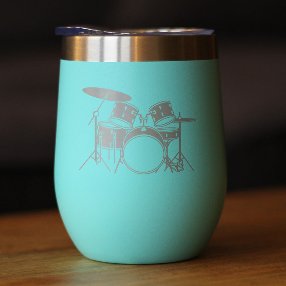 Drums - Wine Tumbler Cup with Sliding Lid - Stainless Steel Insulated Mug - Drumming Gifts for Drummers