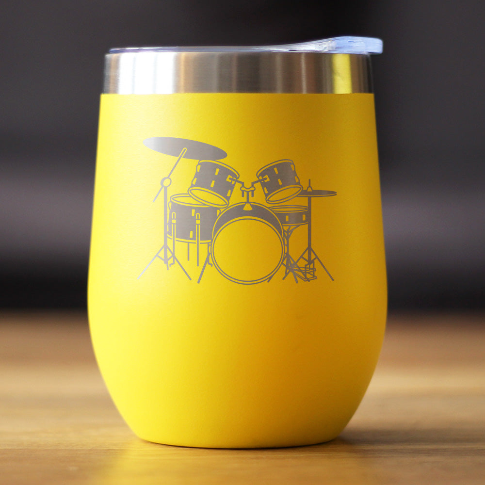 Drums - Wine Tumbler Cup with Sliding Lid - Stainless Steel Insulated Mug - Drumming Gifts for Drummers