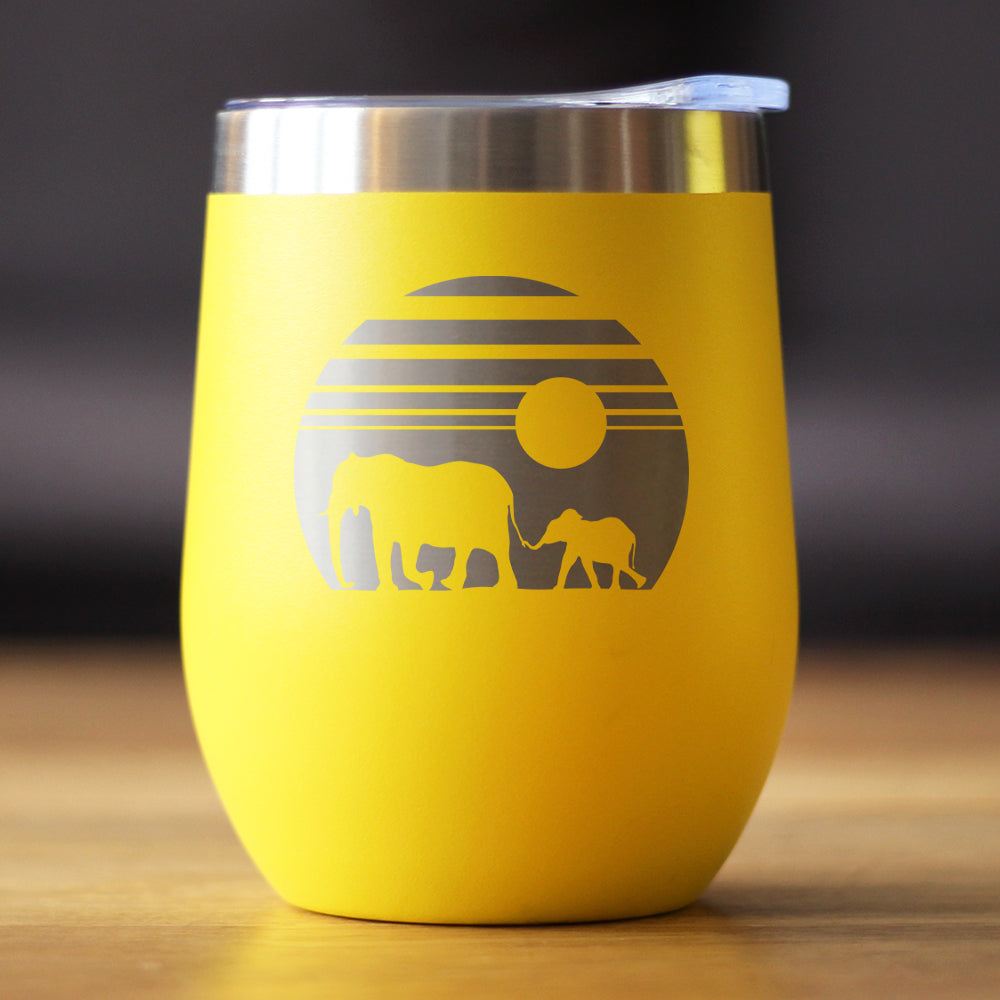 Elephant Sunset - Wine Tumbler Glass with Sliding Lid - Stainless Steel Insulated Mug - Unique Safari Gift for Women and Men