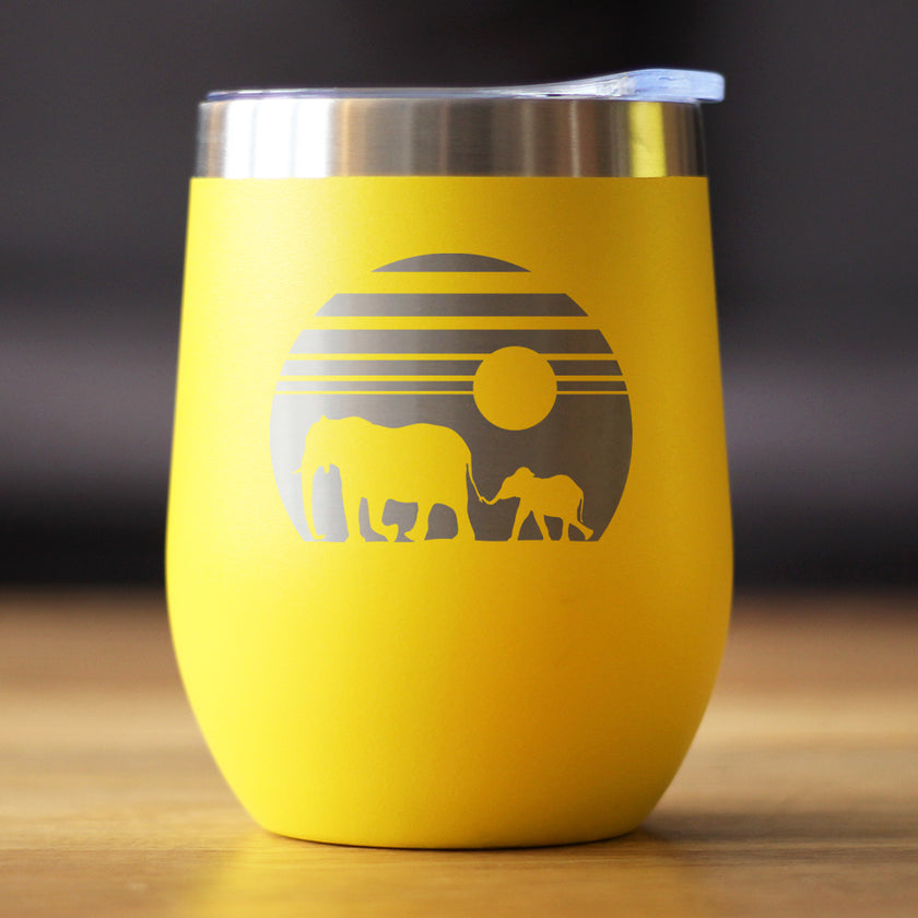 Elephant Sunset - Wine Tumbler Glass with Sliding Lid - Stainless Steel Insulated Mug - Unique Safari Gift for Women and Men