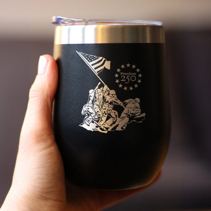 Freedom 250 Raising the Flag on Iwo Jima Insulated Wine Tumbler with Sliding Lid Official Merch for 250th Anniversary of the USA 12oz Stainless Steel Tumbler