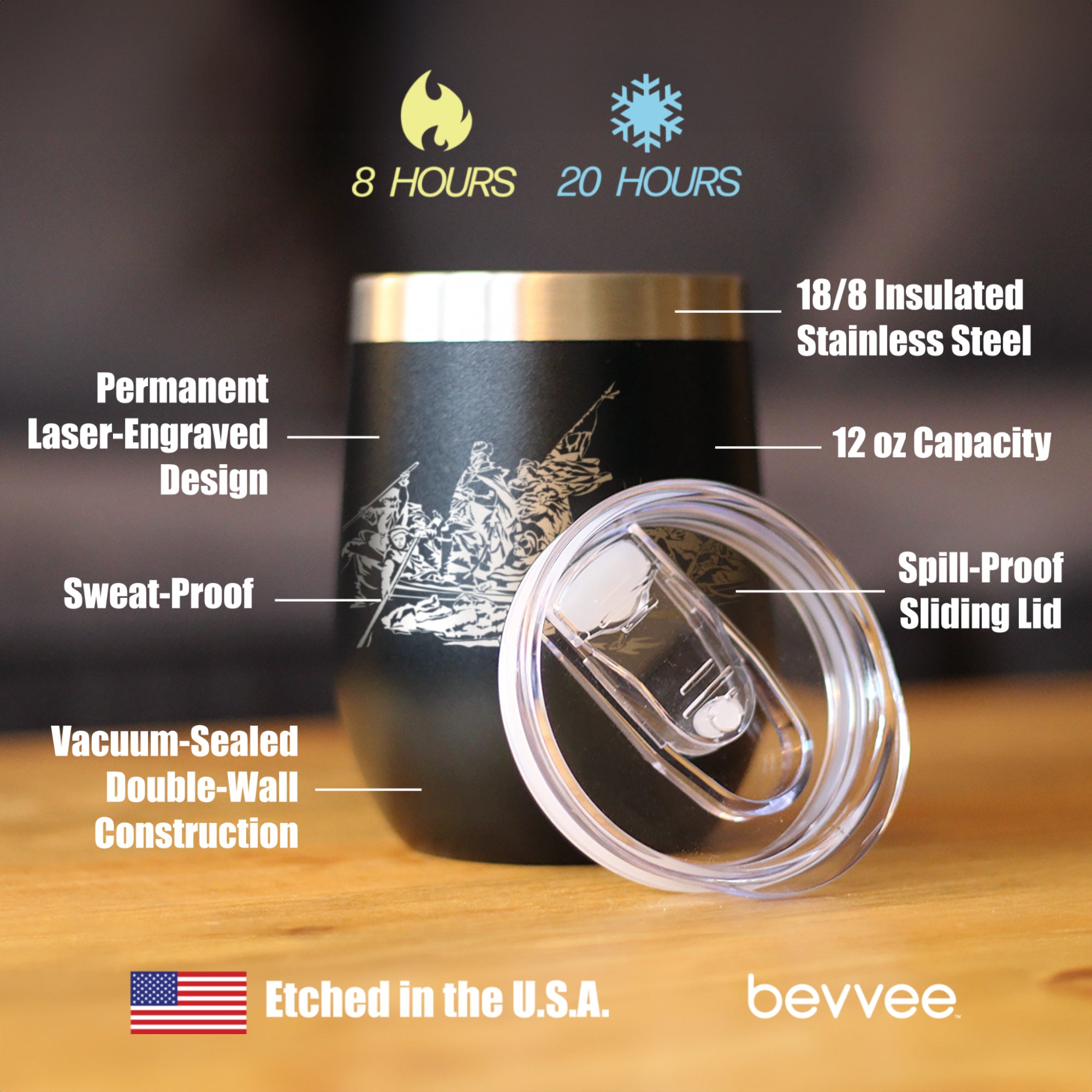 Freedom 250 Washington Crossing the Delaware Insulated Wine Tumbler - 12oz Stainless Steel Tumbler Official USA 250th Anniversary Merch