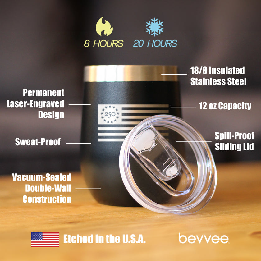 Freedom 250 Flag Logo Insulated Wine Tumbler - 12oz Stainless Steel Tumbler Official USA 250th Anniversary Merch