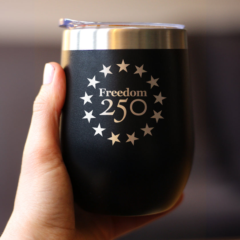 Freedom 250 Betsy Ross Logo Insulated Wine Tumbler - 12oz Stainless Steel Tumbler Official USA 250th Anniversary Merch