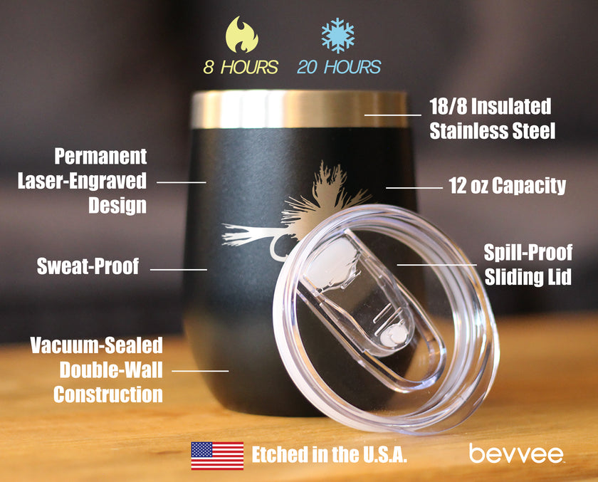 Fishing Fly - Wine Tumbler Glass with Sliding Lid - Stainless Steel Insulated Mug - Unique Flyfishing Gifts for Fishermen