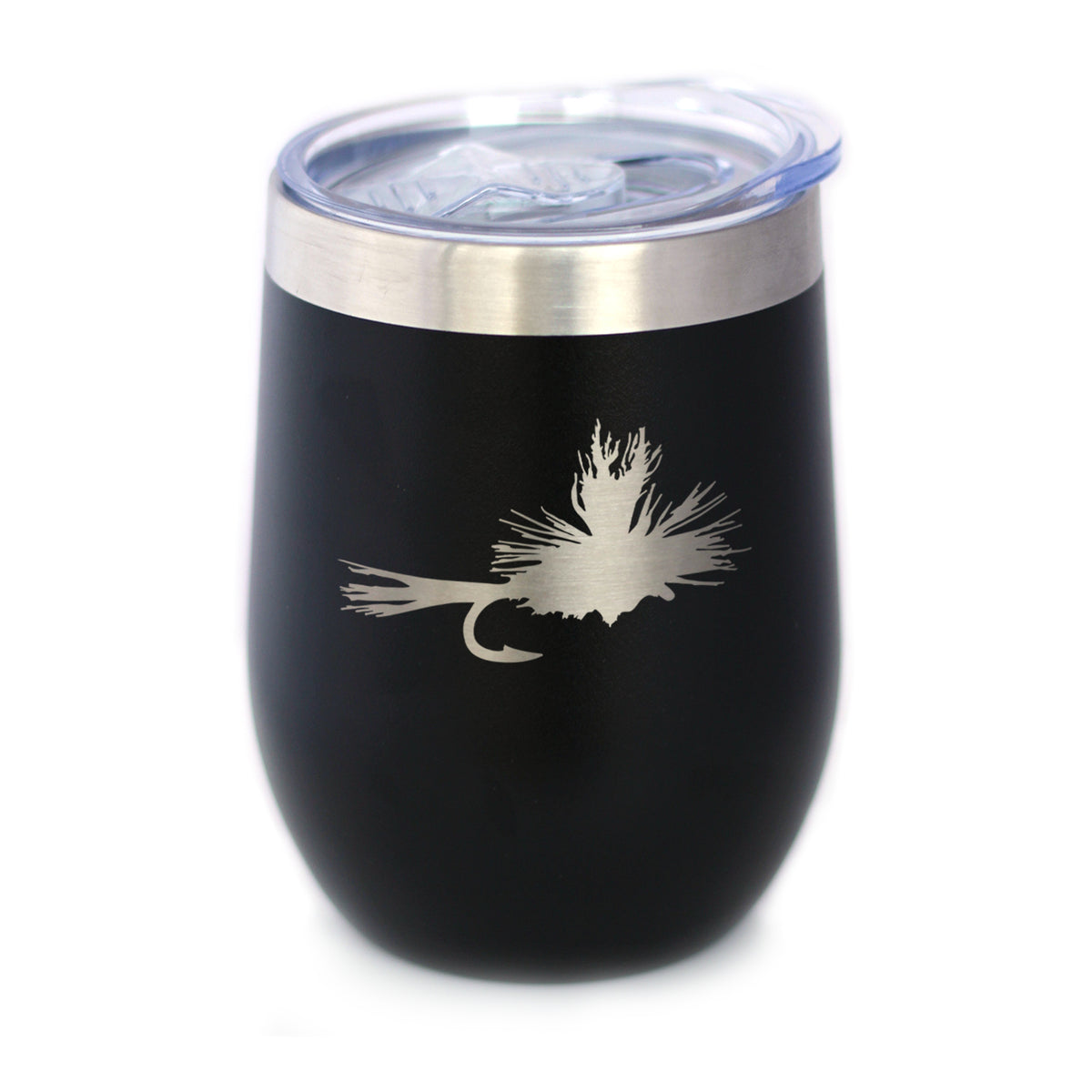 Fishing Fly - Wine Tumbler Glass with Sliding Lid - Stainless Steel Insulated Mug - Unique Flyfishing Gifts for Fishermen
