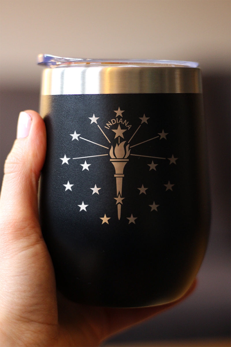 Flag of Indiana - Wine Tumbler Glass with Sliding Lid - Stainless Steel Insulated Mug - Indiana Gifts for Women and Men Indianans