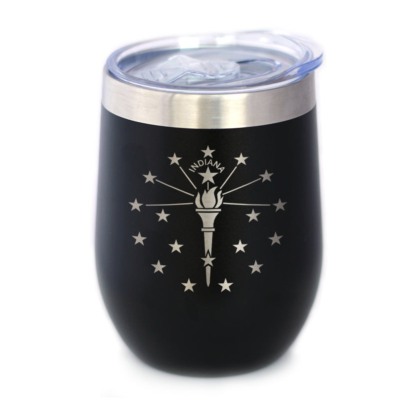 Flag of Indiana - Wine Tumbler Glass with Sliding Lid - Stainless Steel Insulated Mug - Indiana Gifts for Women and Men Indianans