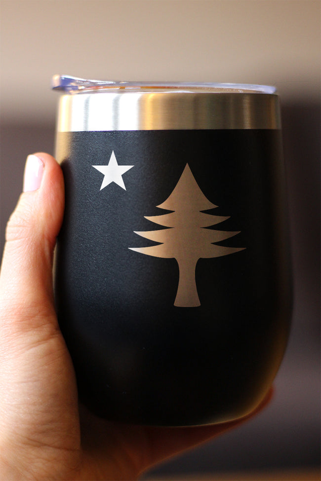 Flag of Maine - Wine Tumbler Glass with Sliding Lid - Stainless Steel Travel Mug - Maine Gift for Women and Men Mainers