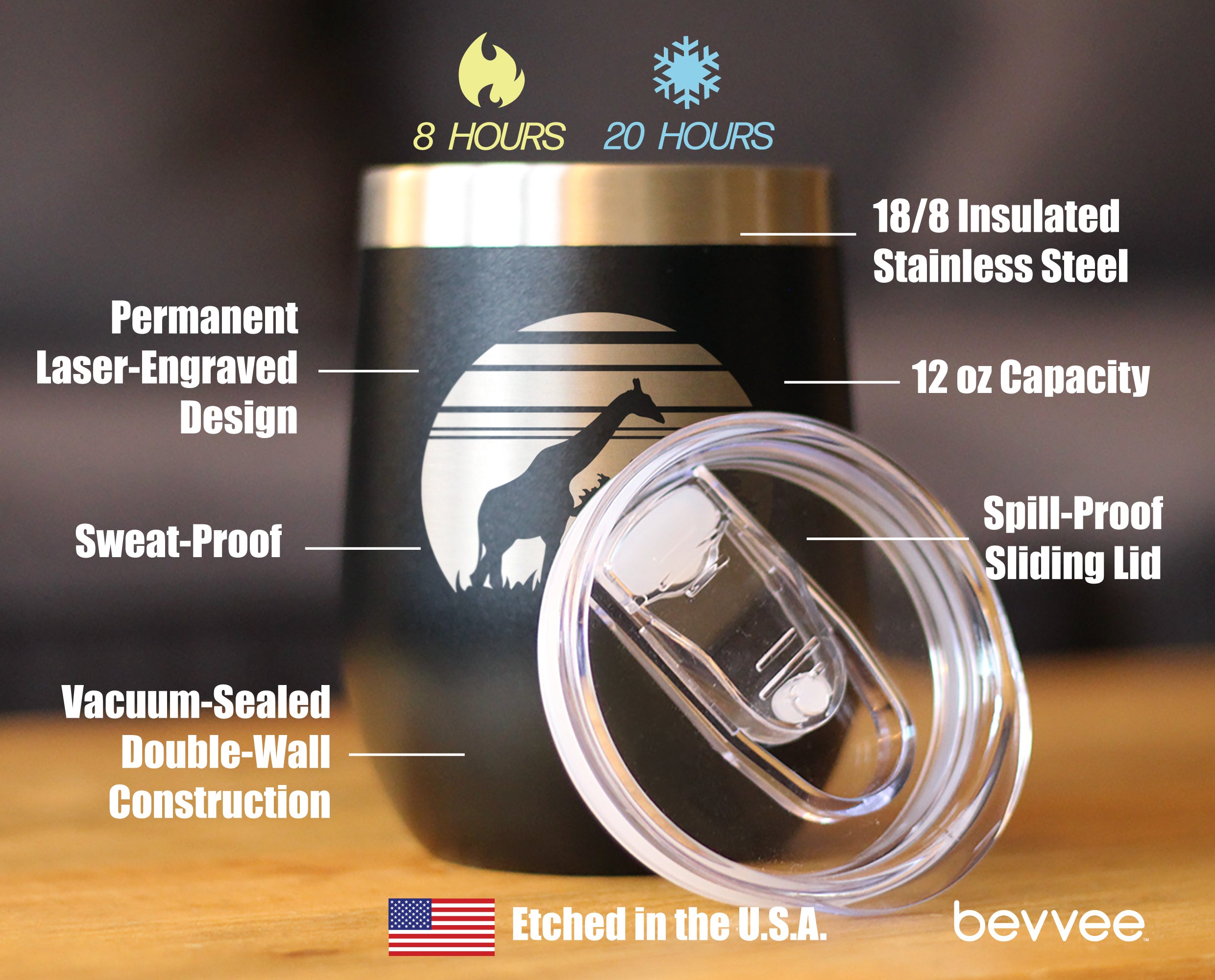 Giraffe Sunset - Wine Tumbler Glass with Sliding Lid - Stainless Steel Insulated Mug - Unique Safari Gifts for Women and Men