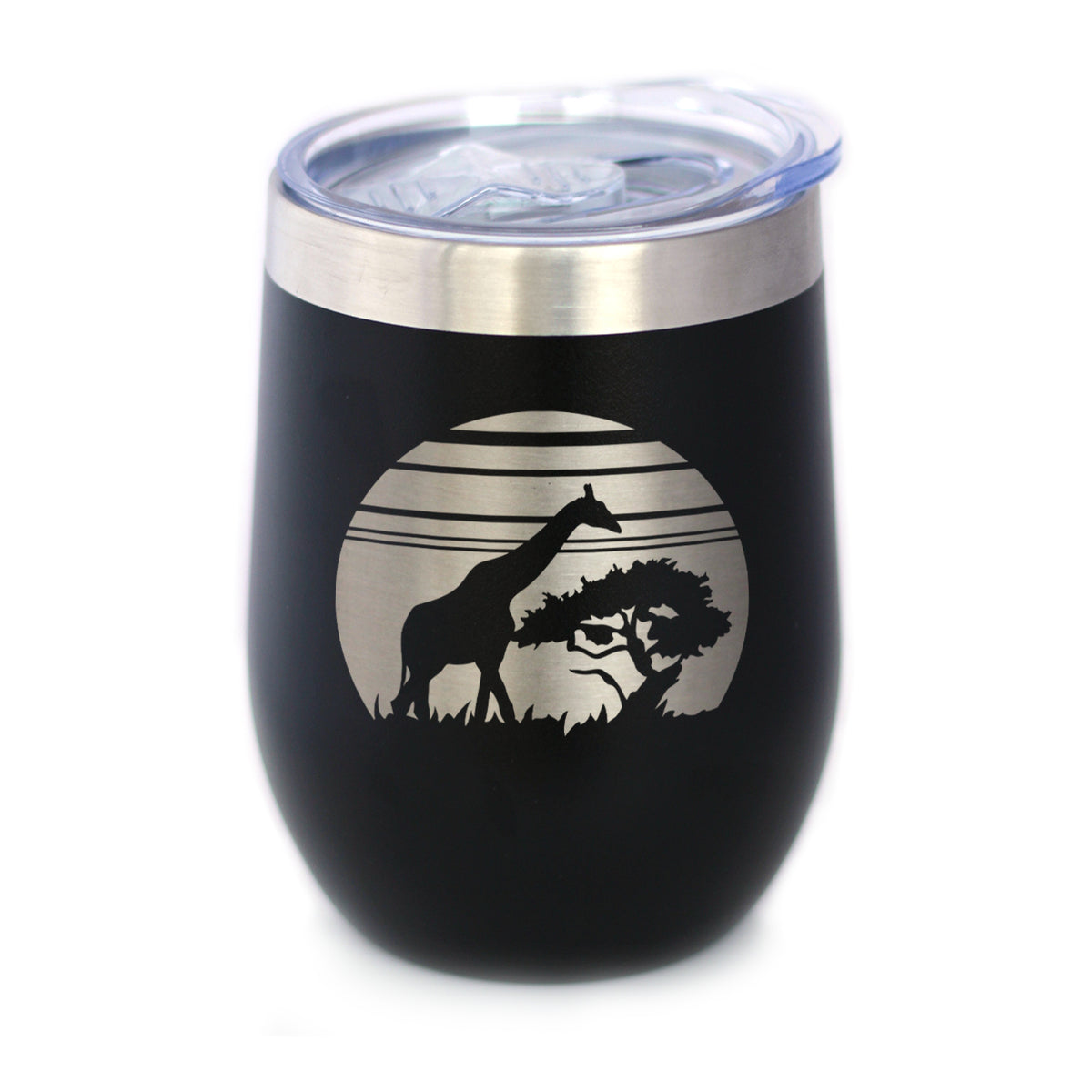 Giraffe Sunset - Wine Tumbler Glass with Sliding Lid - Stainless Steel Insulated Mug - Unique Safari Gifts for Women and Men